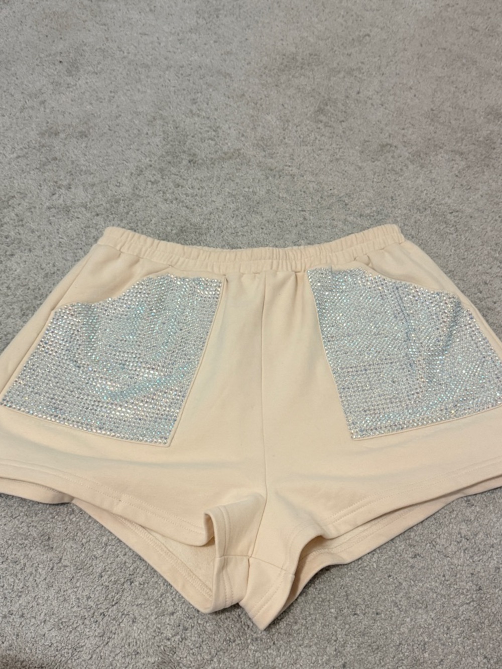 QUEEN OF SPARKLES Beige Women's Iridescent Rhinestone Pocket Shorts